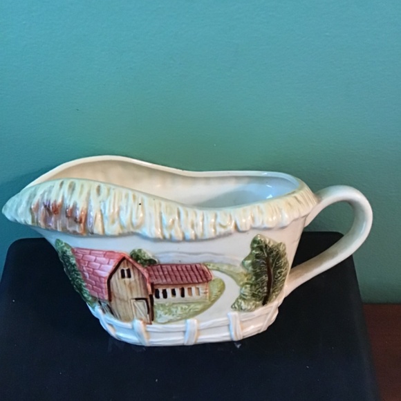 Antique gravy boat detailed farm scene vintage ceramic dish 7.5” X 3.5” - Picture 2 of 6